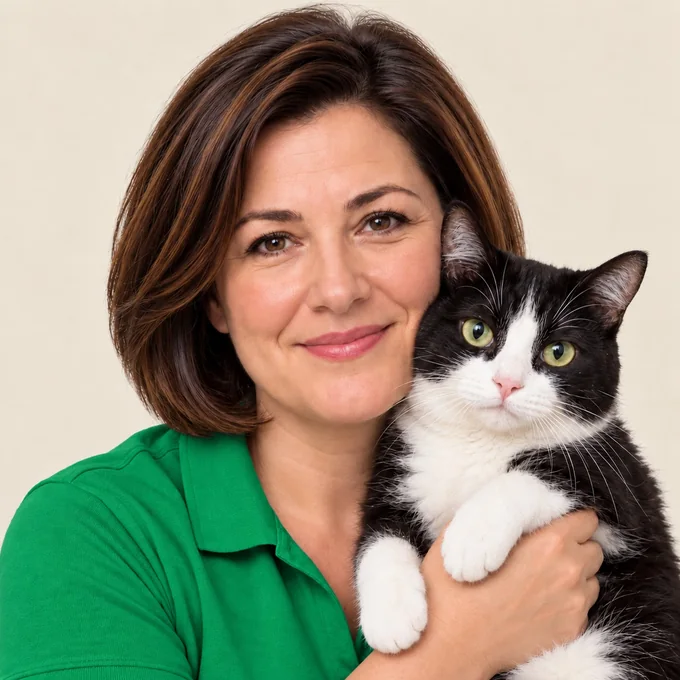 Annie Smith smiling with a black and white cat on her shoulder